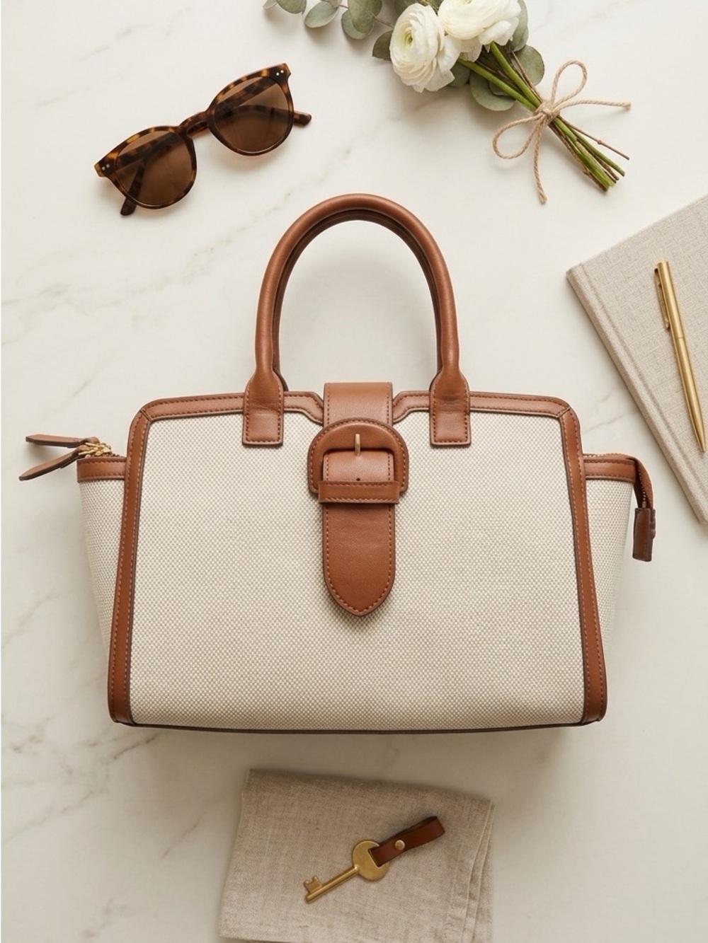 Anne Klein Cream Canvas Satchel with Tan Leather Trim